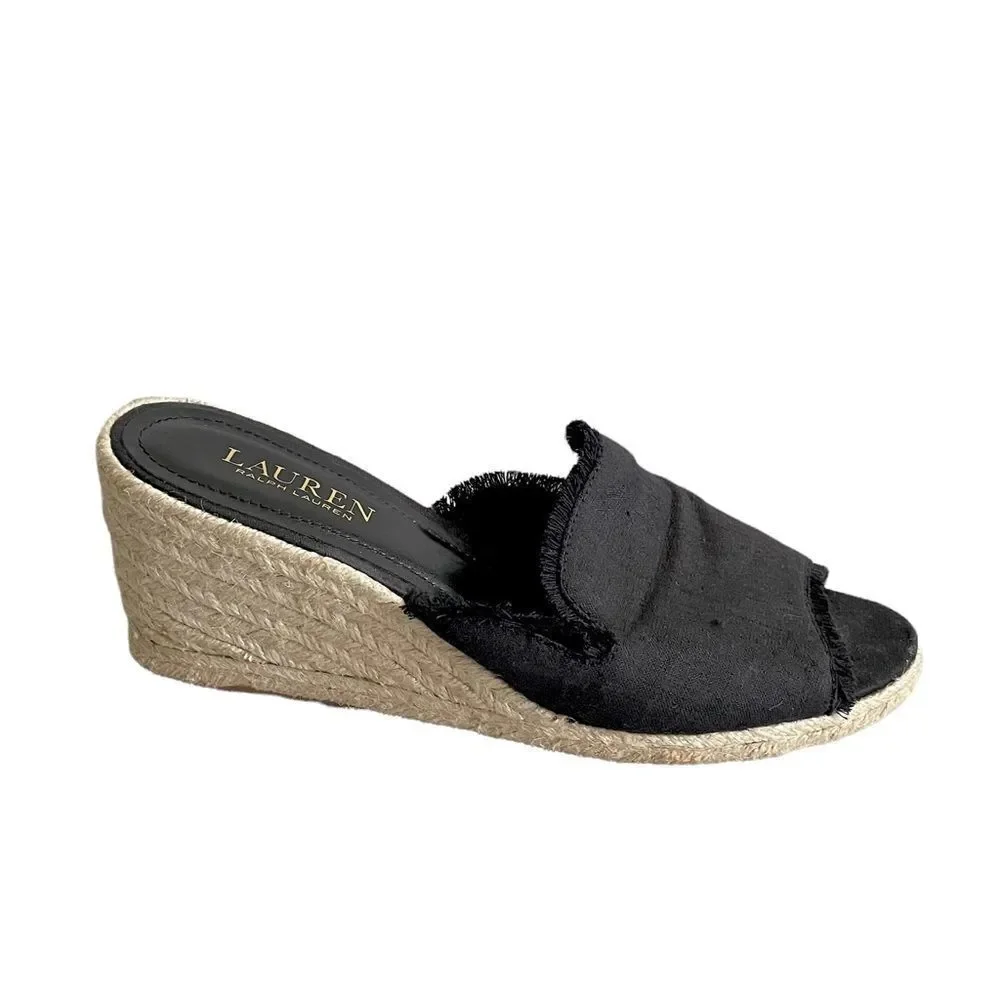 LAUREN RALPH LAUREN Black Linen Carlynda Wedge Espadrilles Sandals 8.5